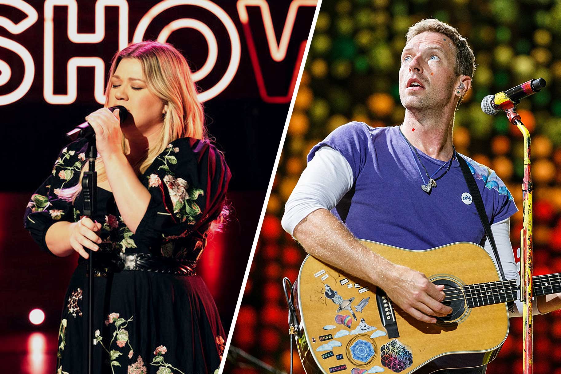 Split image of Kelly Clarkson and Chris Martin performing.