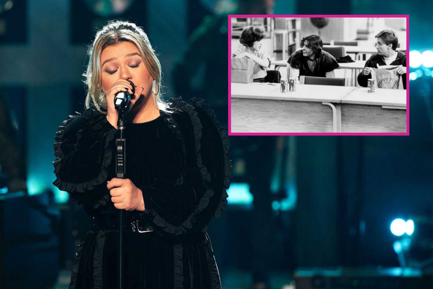 Kelly Clarkson singing on The Kelly Clarkson Show with a movie still of The Breakfast Club.