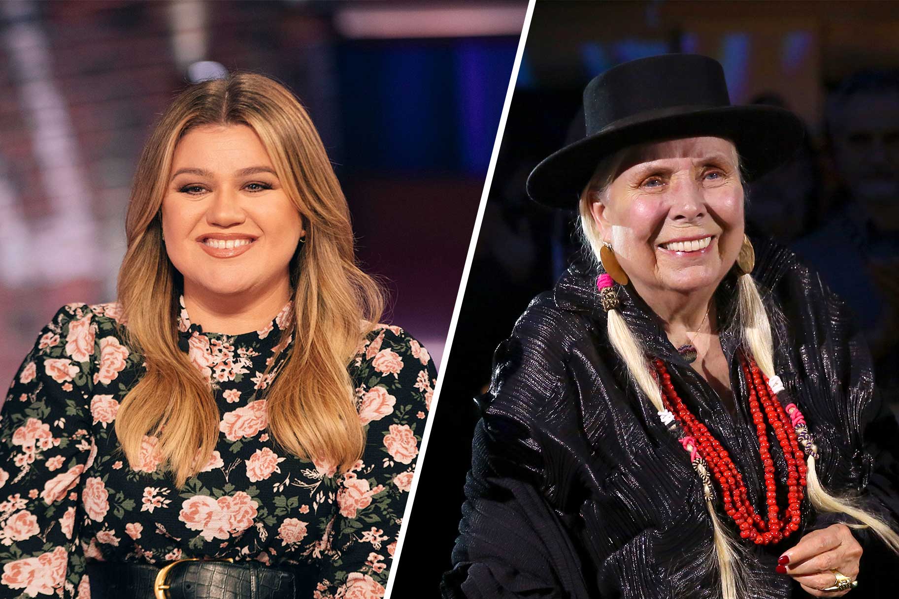 Split image of Kelly Clarkson and Joni Mitchell