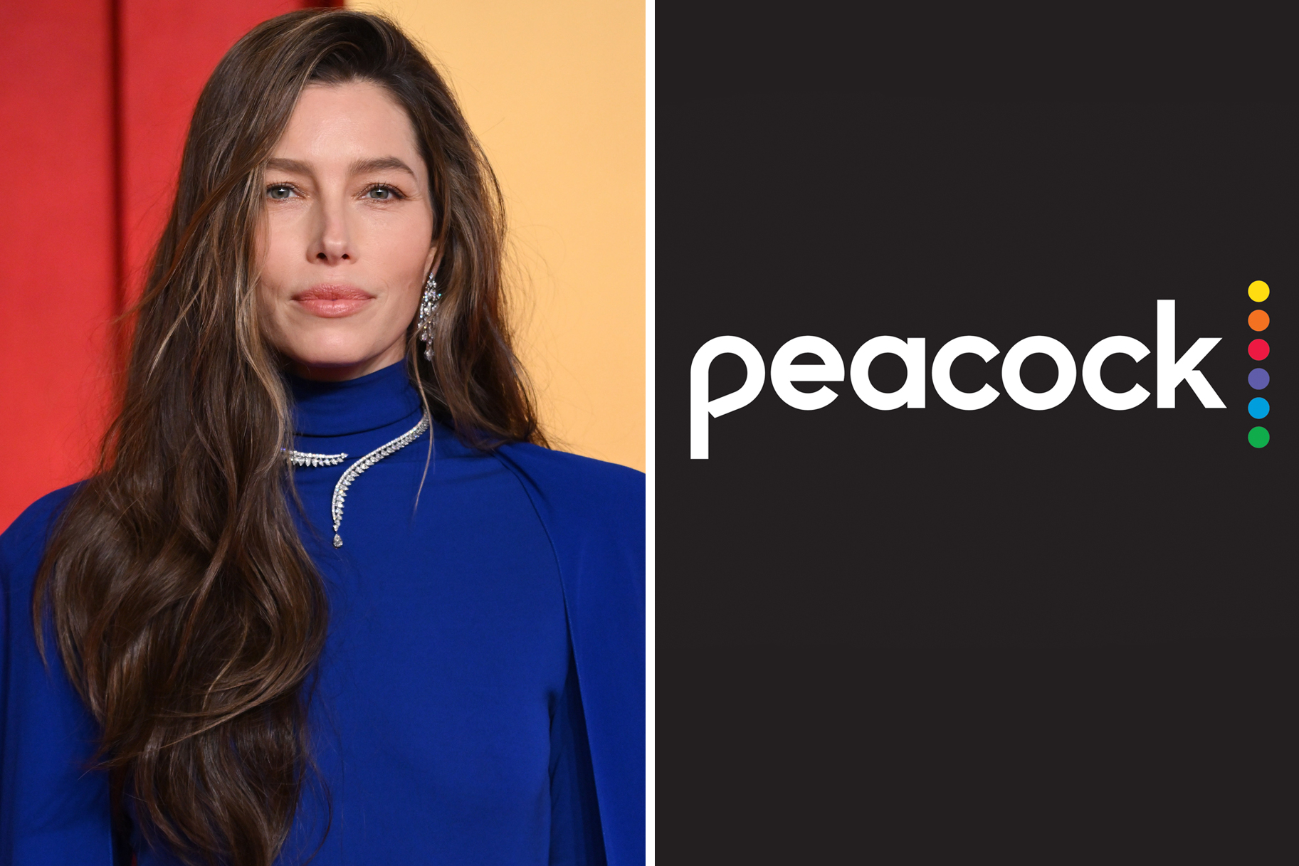 A split of Jessica Biel and the Peacock logo