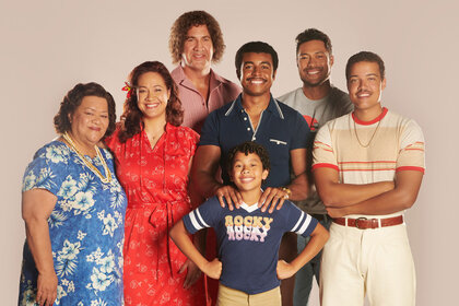 (l-r) Ana Tuisila as Lia Maivia, Stacey Leilua as Ata Johnson, Matthew Willig as Andre The Giant, Adrian Groulx as Dwayne Johnson, Joseph Lee Anderson as Rocky Johnson, Uli Latukefu as Dwayne Johnson, Bradley Constant as Dwayne Johnson