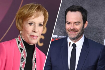 Split image of Carol Burnett and Bill Hader posing on red carpet's.