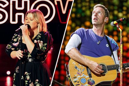 Split image of Kelly Clarkson and Chris Martin performing.