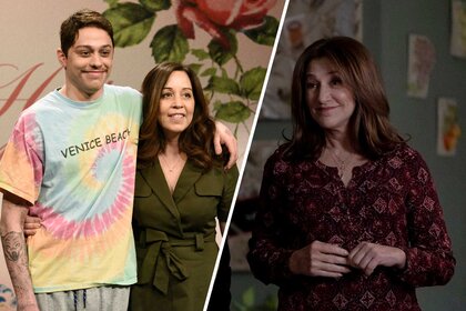 Split image of Pete Davidson with his mother and Edie Falco.