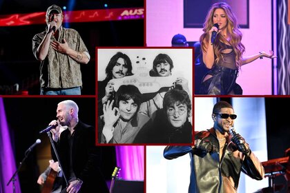 Split image of Blake Shelton, Shakira, Adam Levine, Usher and The Beatles.