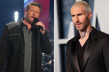 Split image of Blake Shelton and Adam Levine.