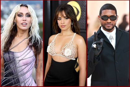 Split image of Miley Cyrus, Camilla Cabello, and Usher.