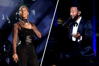 Split images of Alicia Keys and John Legend.