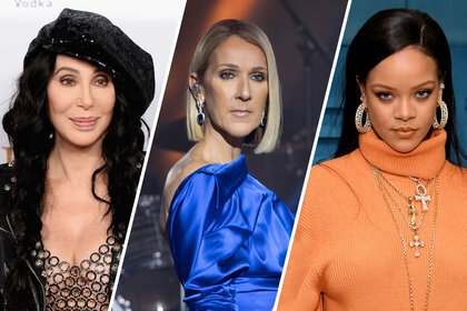 Split image of Cher, Celine Dion, and Rihanna.