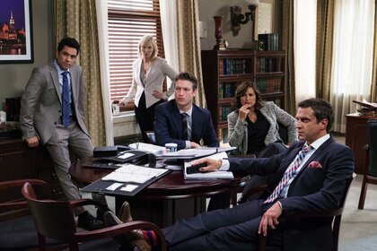 Detective Nick Amaro, Detective Amanda Rollins, Dominick "Sonny" Carisi, Detective Olivia Benson, A.D.A. Rafael Barba in a scene from Law & Order: Special Victims Unit.