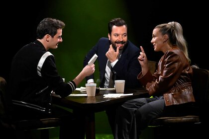 Noah Schnapp, Jimmy Fallon, and actress Millie Bobby Brown during True Confessions.