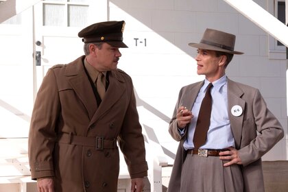 Matt Damon and Cillian Murphy appear during a scene in Oppenheimer.