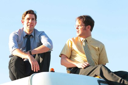 Jim Halpert and Dwight Schrute speaking to each other.