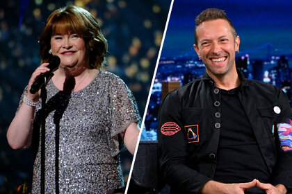 Split image of Susan Boyle and Coldplay's Chris Martin