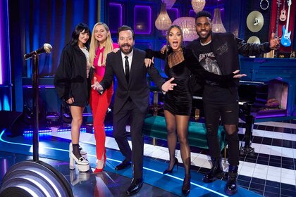 Julia Michaels, Kelsea Ballerini, Jimmy Fallon, Nicole Scherzinger, and Jason Derulo pose together on-stage for That's My Jam.