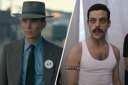 (R-L) A side by side of J. Robert Oppenheimer from Oppenheimer and Freddie Mercury from Bohemian Rhapsody