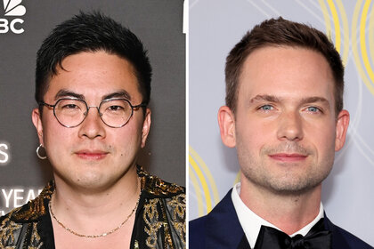 a side by side of Bowen Yang and Patrick J. Adams