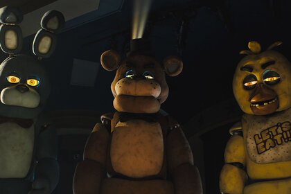 Bonnie, Freddy Fazbear and Chica stand together while looking down at something in Five Nights at Freddy's