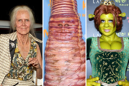 a 3 way split of Heidi Klum in her Halloween Costumes