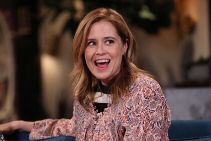 Jenna Fischer smiling and laughing during Busy Tonight.