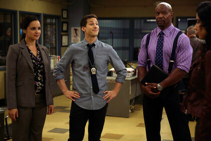 Melissa Fumero as Amy Santiago, Andy Samberg as Jake Peralta, Terry Crews as Terry Jeffords