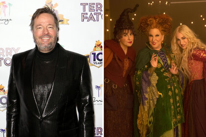 A split of Terry Fator smiling and the three witches from Hocus Pocus