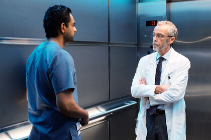 Dr Jed Bishop in an elevator in the hospital on Transplant