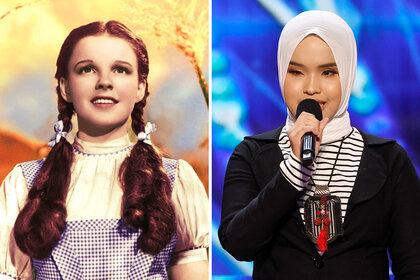 A split of Judy Garland as Dorothy from the wizard of oz and Putri Ariani on America's Got Talent