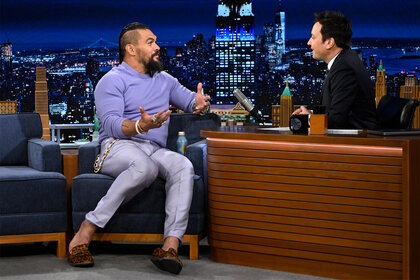 Jason Momoa and Jimmy Fallon during The Tonight Show Starring Jimmy Fallon Episode 1877