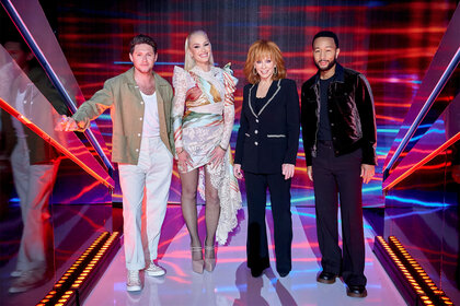 Niall Horan, Gwen Stefani, Reba McEntire and John Legend during The Voice "The Playoffs Part 3"