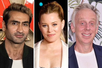 A split of Kumail Nanjiani, Elizabeth Banks and Mike White