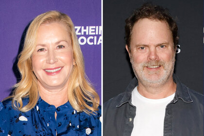 A split of Angela Kinsey wearing a blue dress and Rainn Wilson in a white t shirt