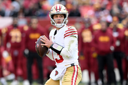 Brock Purdy of the San Francisco 49ers during a play on the field