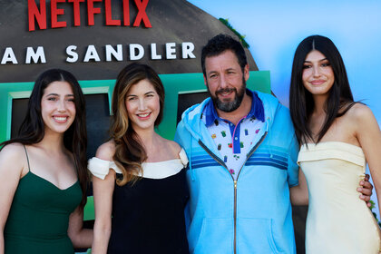 Sadie Sandler, Jackie Sandler, Adam Sandler and Sunny Sandler pose for a photo together at the premiere of "Leo"