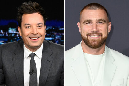 A split of Jimmy Fallon and Travis Kelce