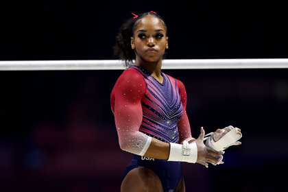 Shilese Jones of United States looks on during Women's All-Around Final on day six of the 2022 Gymnastics World Championships