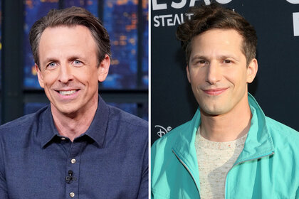 A split of Seth Meyers and Andy Samberg