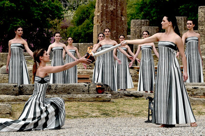 the High Priestess during the flame Lighting Ceremony for the Paris 2024 Olympics