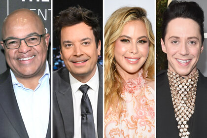 A split of Mike Tirico Jimmy Fallon Tara Lipinski and Johnny Weir