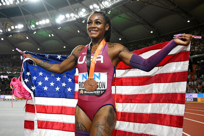 Sha'Carri Richardson reacts after the Women's 200m Final during day seven of the World Athletics Championships Budapest 2023