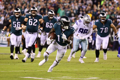 A.J. Brown of the Philadelphia Eagles runs with the ball