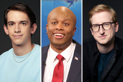 A split featuring Andrew Dismukes, Devon Walker as Senator Tim Scott, and James Austin Johnson of Saturday Night Live.