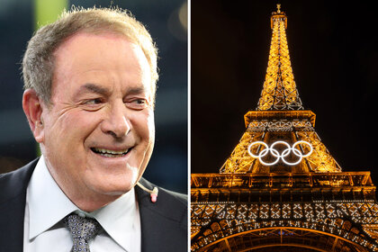 A split of announcer Al Michaels and the Olympic Rings on the Eiffel Tower