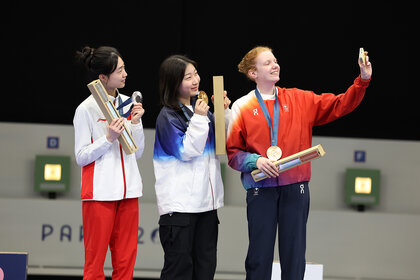 The medal ceremony during the 10m Air Rifle Women's Final