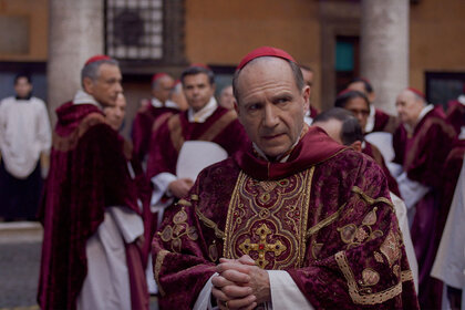 Ralph Fiennes stars as Cardinal Lawrence in director Edward Berger's CONCLAVE.