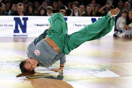 Logan Edra performs onstage during her exibition in the 1 on 1 B- girls Top 32 at the WDSF World Breaking Championship 2023