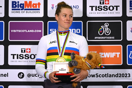 Jennifer Valente with her medal after winning the Women Elite Omnium