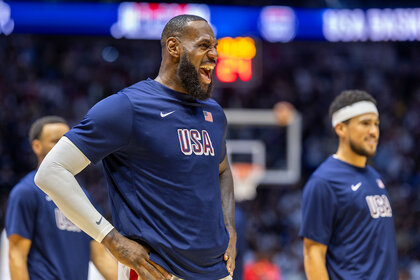 LeBron James reacts during team warm up before the USA V South Sudan, USA basketball showcase in preparation for the Paris Olympic Games