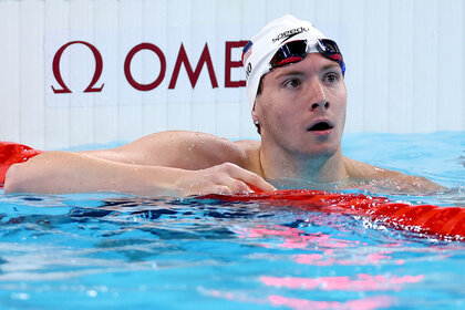 Chris Guiliano of Team United States reacts after competing in the Men’s 100m Freestyle Heats on day four of the Olympic Games Paris 2024