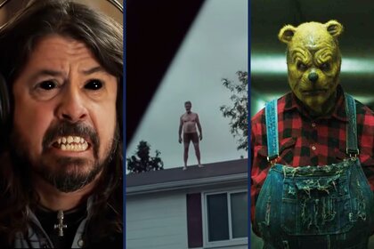 A collage featuring stills from Studio 666 (2022), It Follows (2015), and Winnie-the-Pooh: Blood & Honey II (2024).